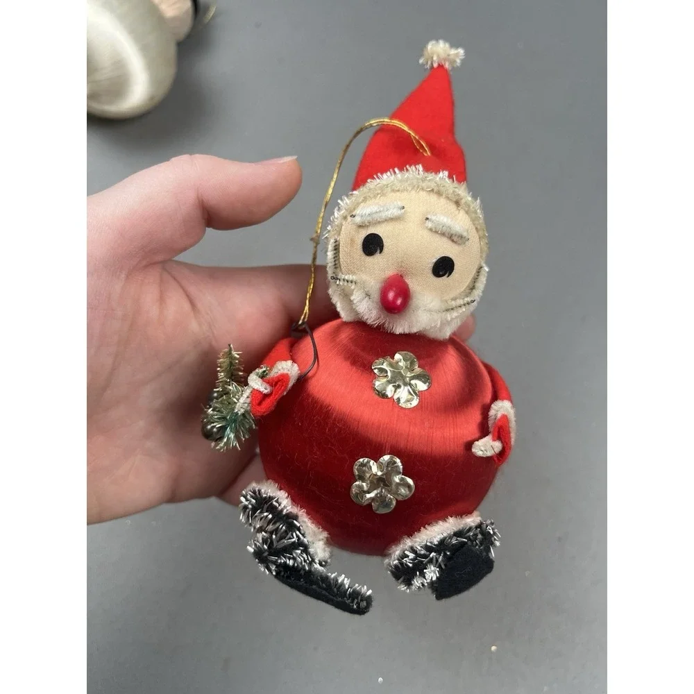 Vintage Christmas Ornament‎ Snowman And Santa Satin Ball Figure 1970's